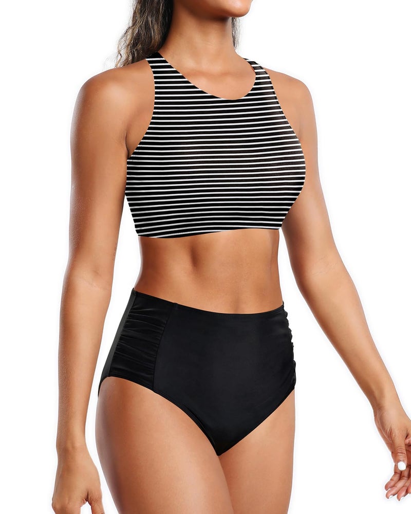 Holipick Black Striped Women High Waisted Two Piece Bikini Set Racerback Bathing Suit Sporty Crop Top with Bottom for Teen Girls S - Image 4